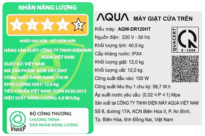 Máy giặt Aqua Lồng đứng Inverter 12 kg AQW-DR120HT BK